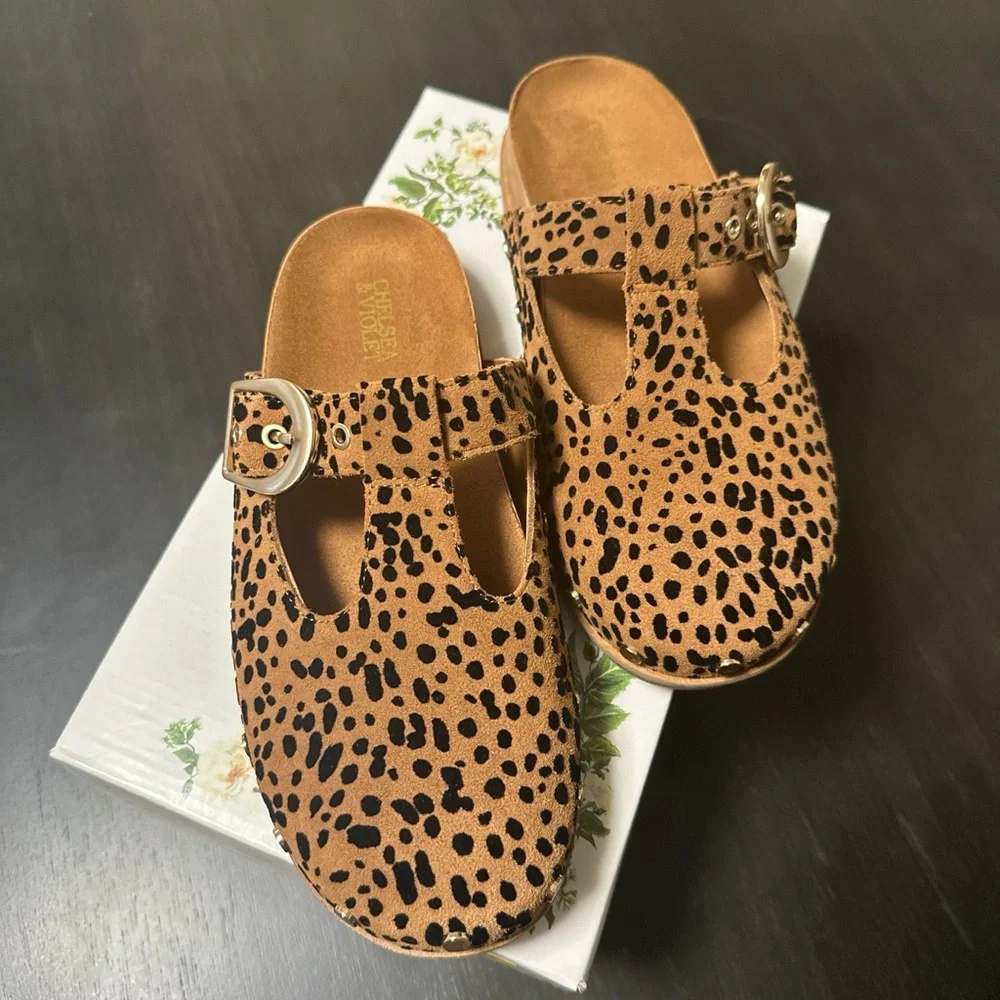 Chelsea & Violet Tan and Black Leopard Print Mary Jane Clogs - Picture 2 of 5